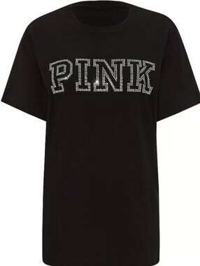 PINK Victoria's Secret Pure Black Diamante Bling Logo Campus T Shirt XXS SoldOut